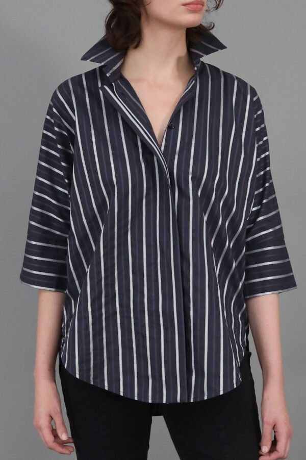 SAHANA DOLMAN SHIRT IN 100% ITALIAN COTTON BLACK STRIPE - Image 2