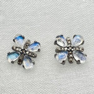 SS MOONSTONE AND DIAMOND FLOWERS EARRINGS