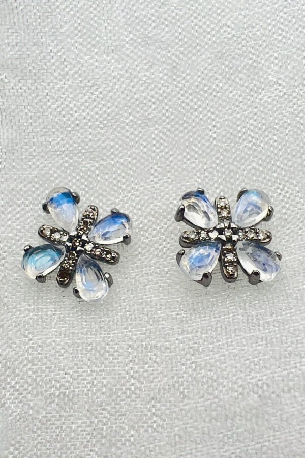 SS MOONSTONE AND DIAMOND FLOWERS EARRINGS