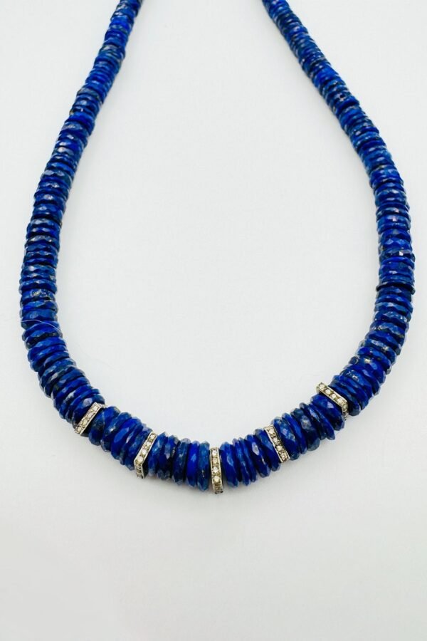 LAPIS HEISHI NECKLACE WITH 5 SQUARE DIAMOND SPACERS